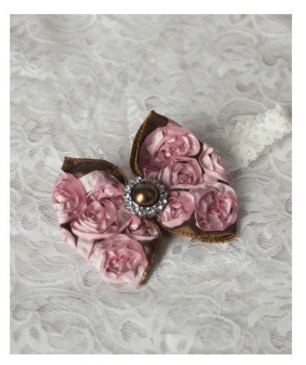 Rosette Hair Bow - Chocolate Brown and Pink Ribbon with Rhinestone Center - Includes White Lace Headband