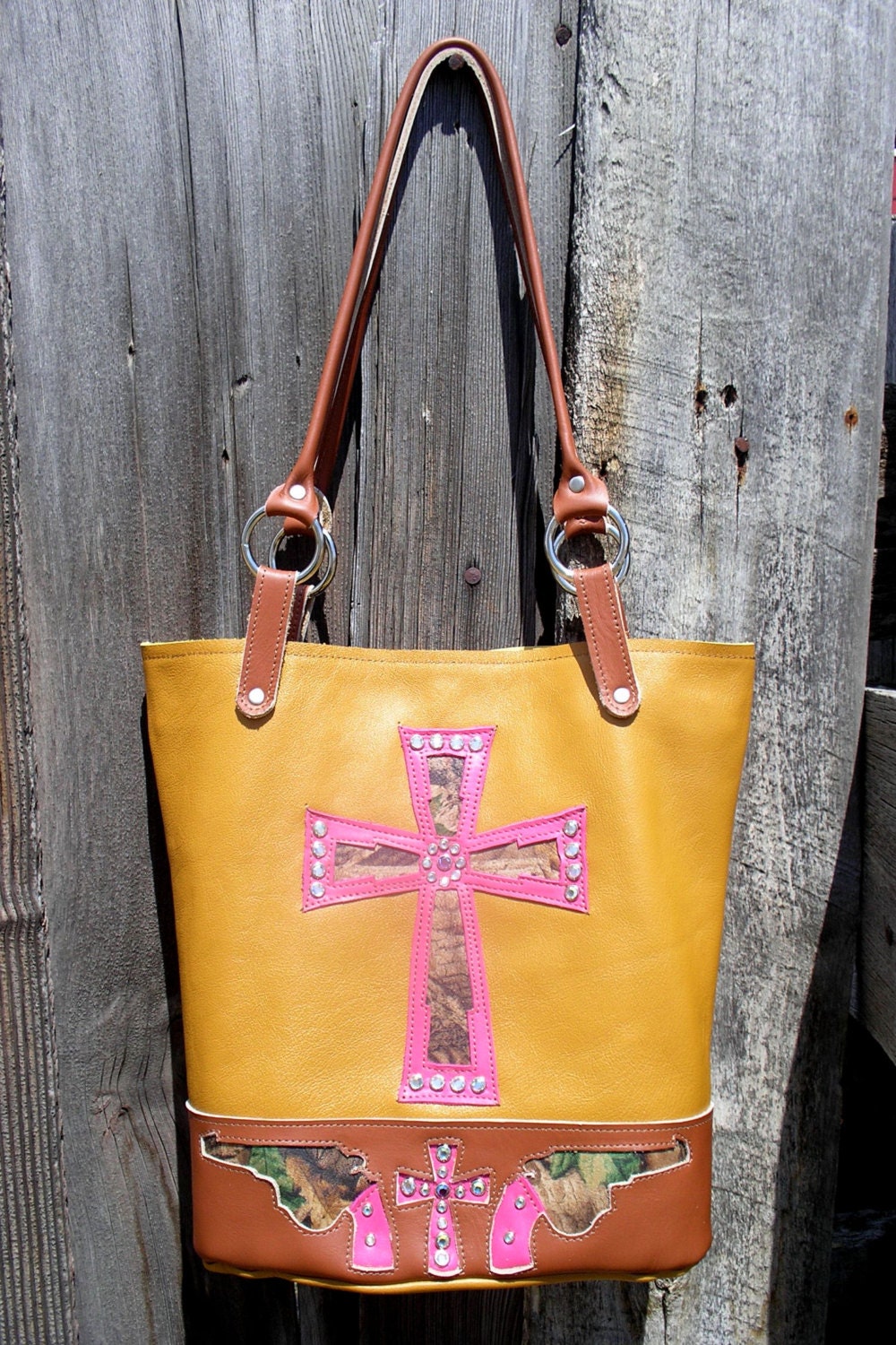 Western Cowgirl Leather Cross Pistol Camo Pink Tan Purse Tote Handbag Custom
