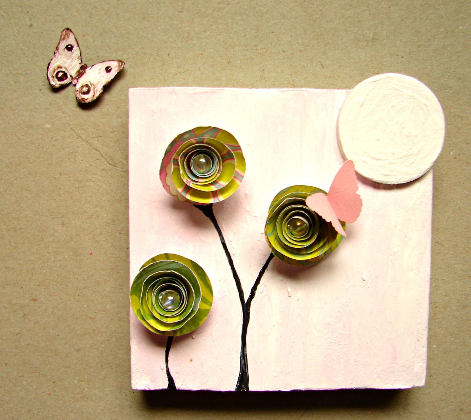 Wedding Gift, Graduation Gift, Spring Decor, Wall Decor-Green Pink-Paper Rosette with Butterfly, Home Decor, Wall Decor, Nursery Art OOAK