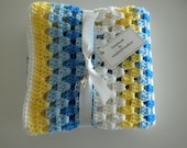 Crochet Blanket Baby Child Blues White Yellow Child Stroller Carriage Car Size 32 X 31Brand New Handmade Granny Square FREE SHIPPING