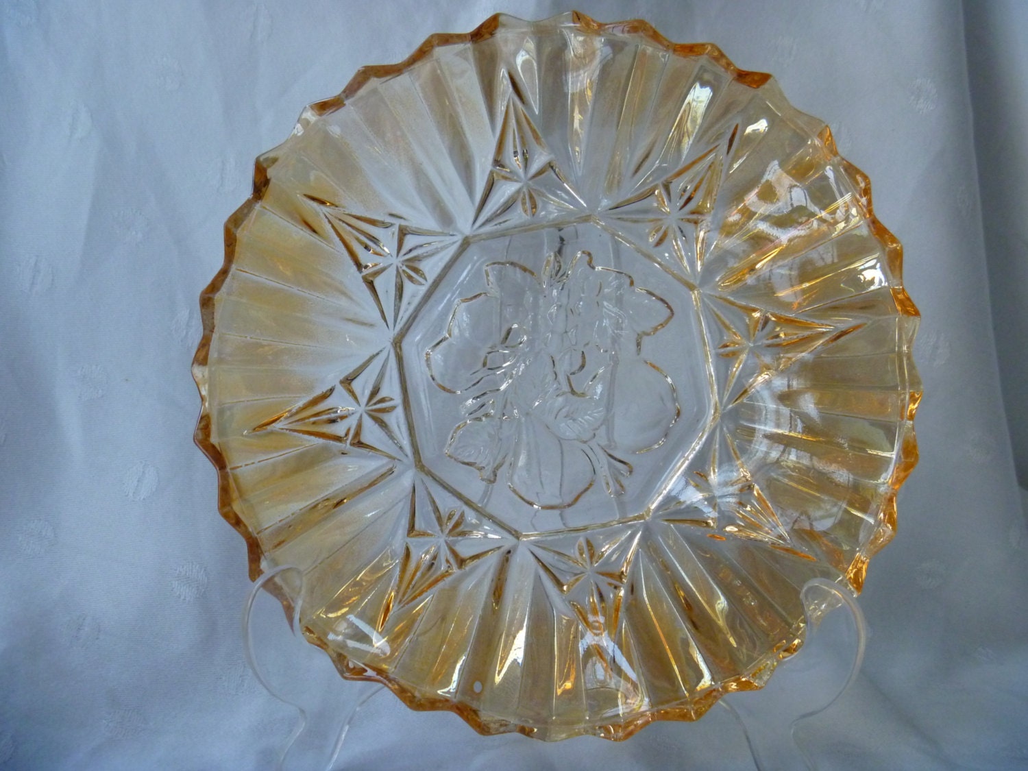 Federal Glass Co PIONEER Pattern Iridescent AMBER Fluted Intaglio Fruit Candy Dish