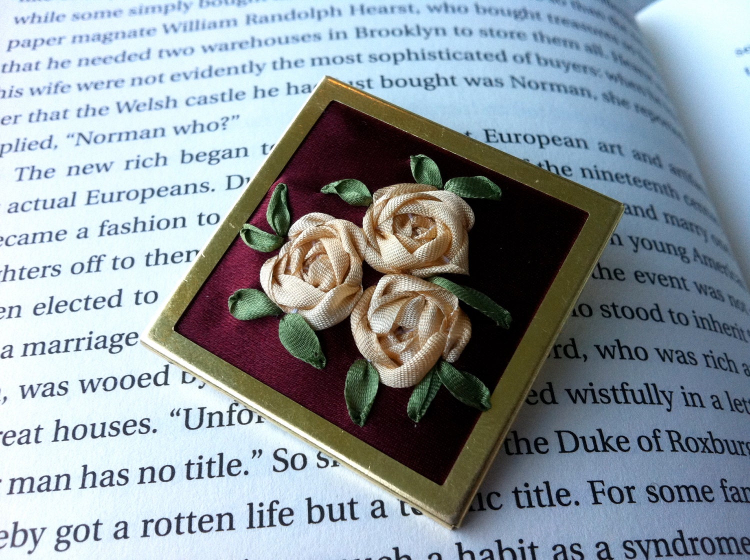 Mothers Day Jewelry - Cluster of Embroidered Cream Silk Ribbon Roses Brooch on Upcycled Red Silk Fabric