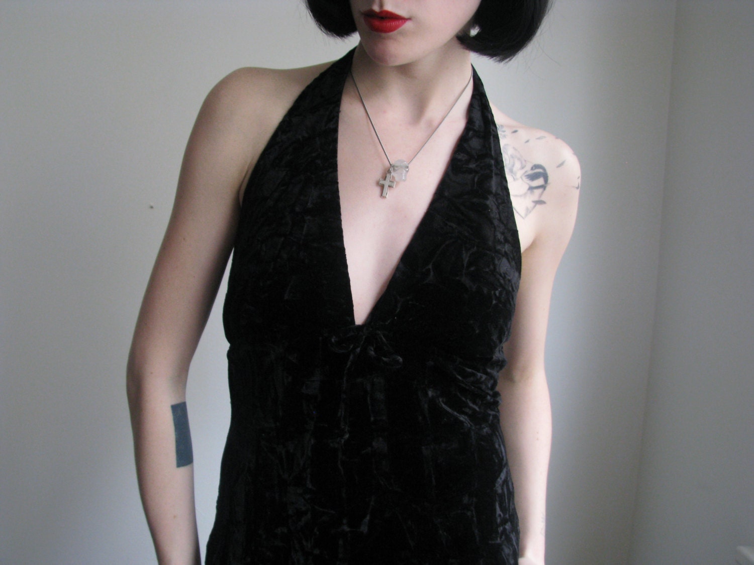 90s black velvet backless empire waist halter dress /small