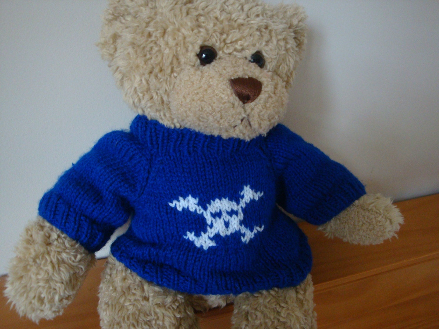 Teddy Bear Sweater - Hand knitted - Royal Blue with Skull and Crossbones