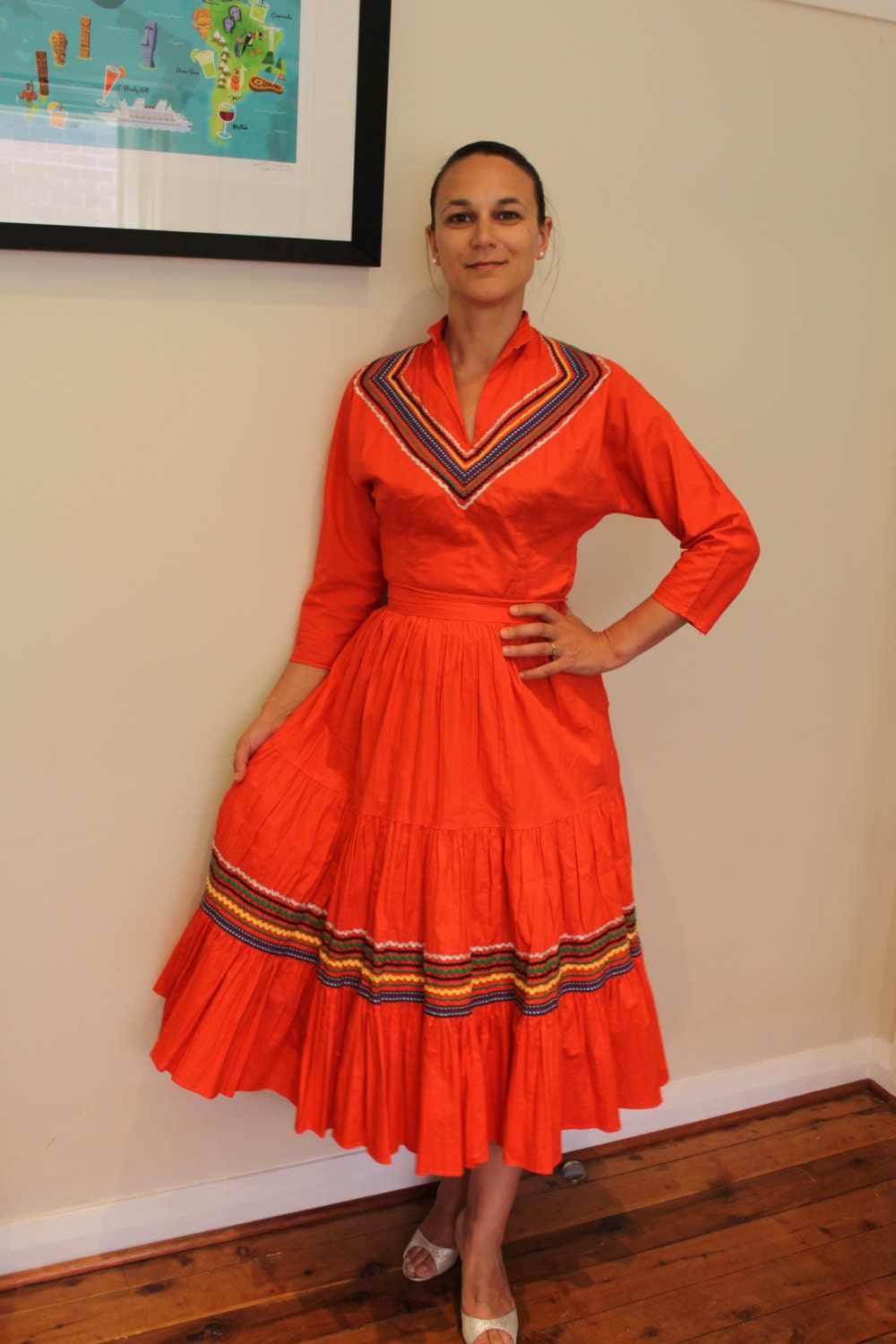 Vintage Cotton 1950s 60s Squaw Western Skirt Blouse Set with Ric Rac in Bright Orange.