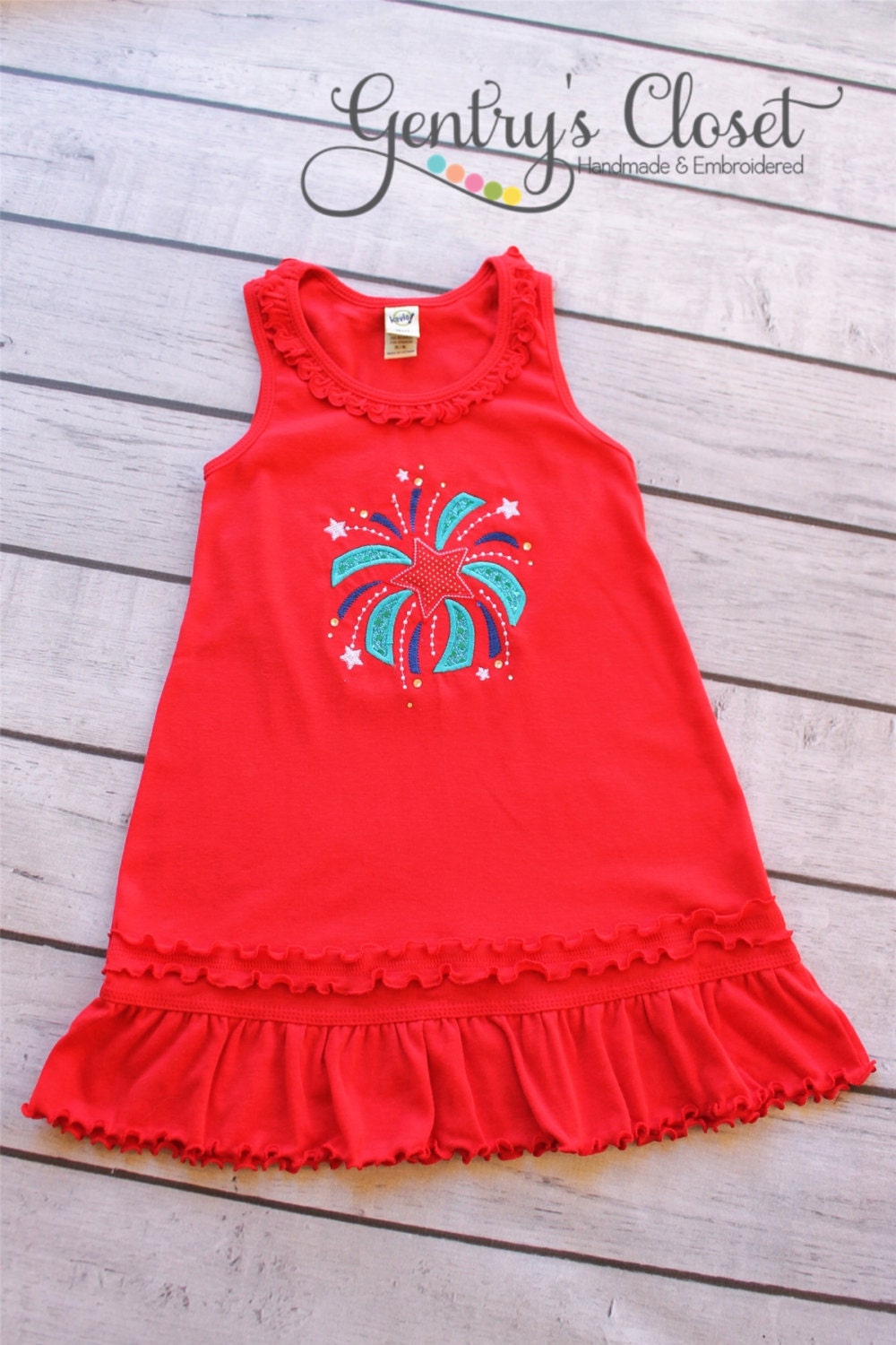 Fourth of July Dress. Patriotic Red, White and Blue Fireworks. Personalize with Name. Baby Girl, Toddler Red Dress. USA with bling.