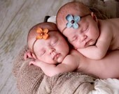 newborn photography prop,2 brown skinny elastic halo headband with teal and orange flowers, twin baby shower gift,  baby photo prop