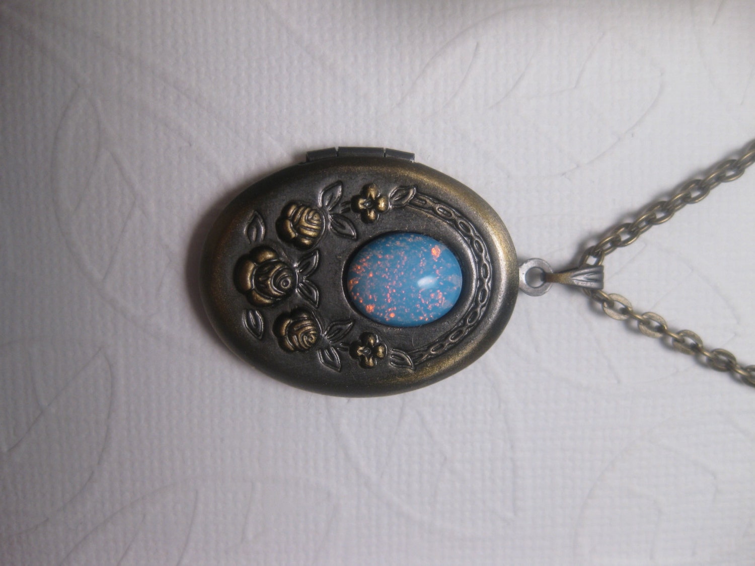 Blue Opal Garden Locket In Antique Brass
