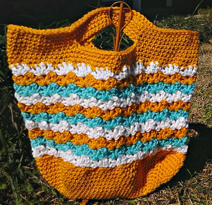 Spring and Summer market handbag. Goldenrod, turquoise and white.