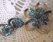 Vintage rhinestone brooch pin aqua - matching earrings-victorian style