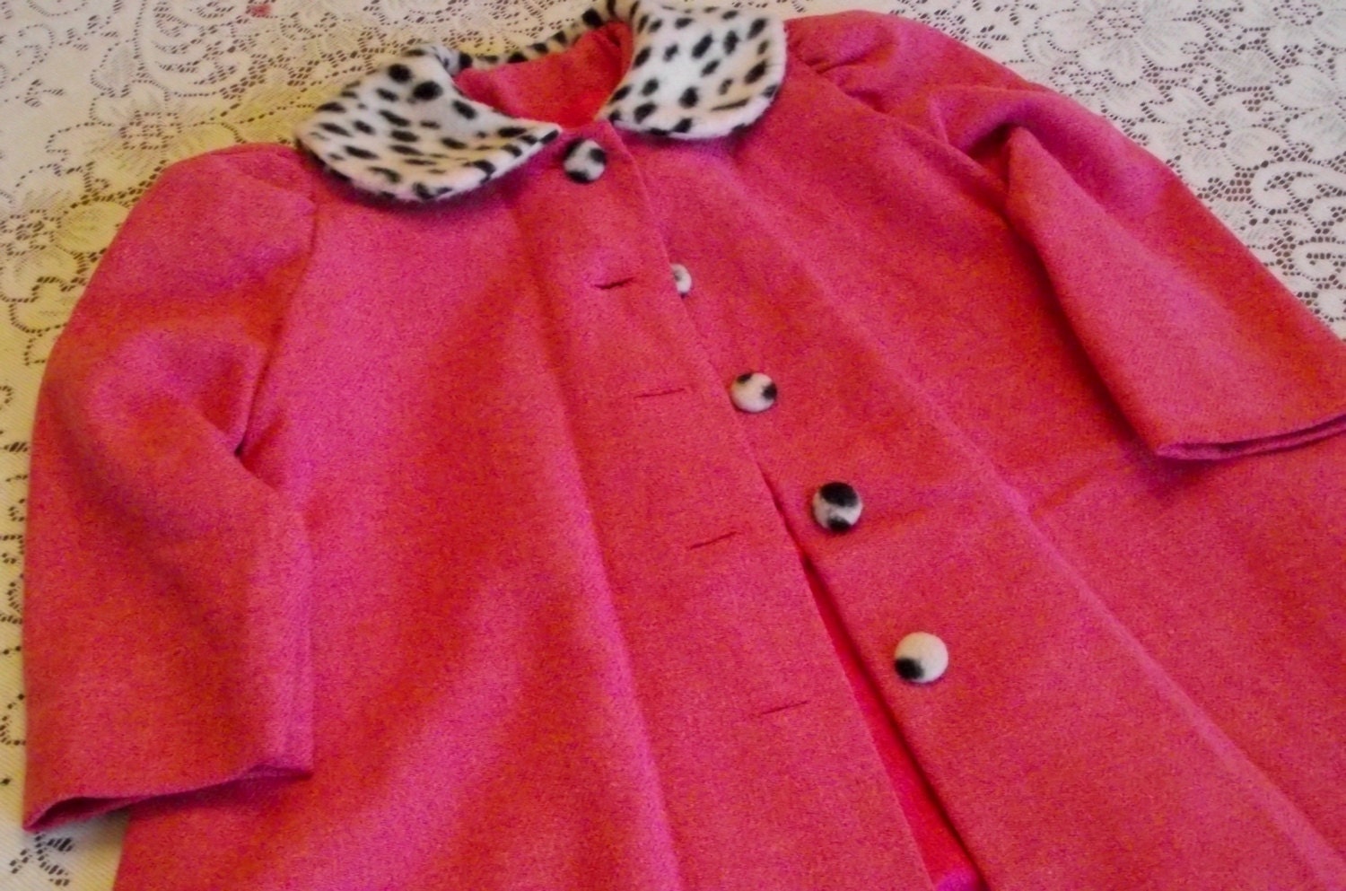Vintage girl's coat jacket hot pink & dalmation leopard faux fur