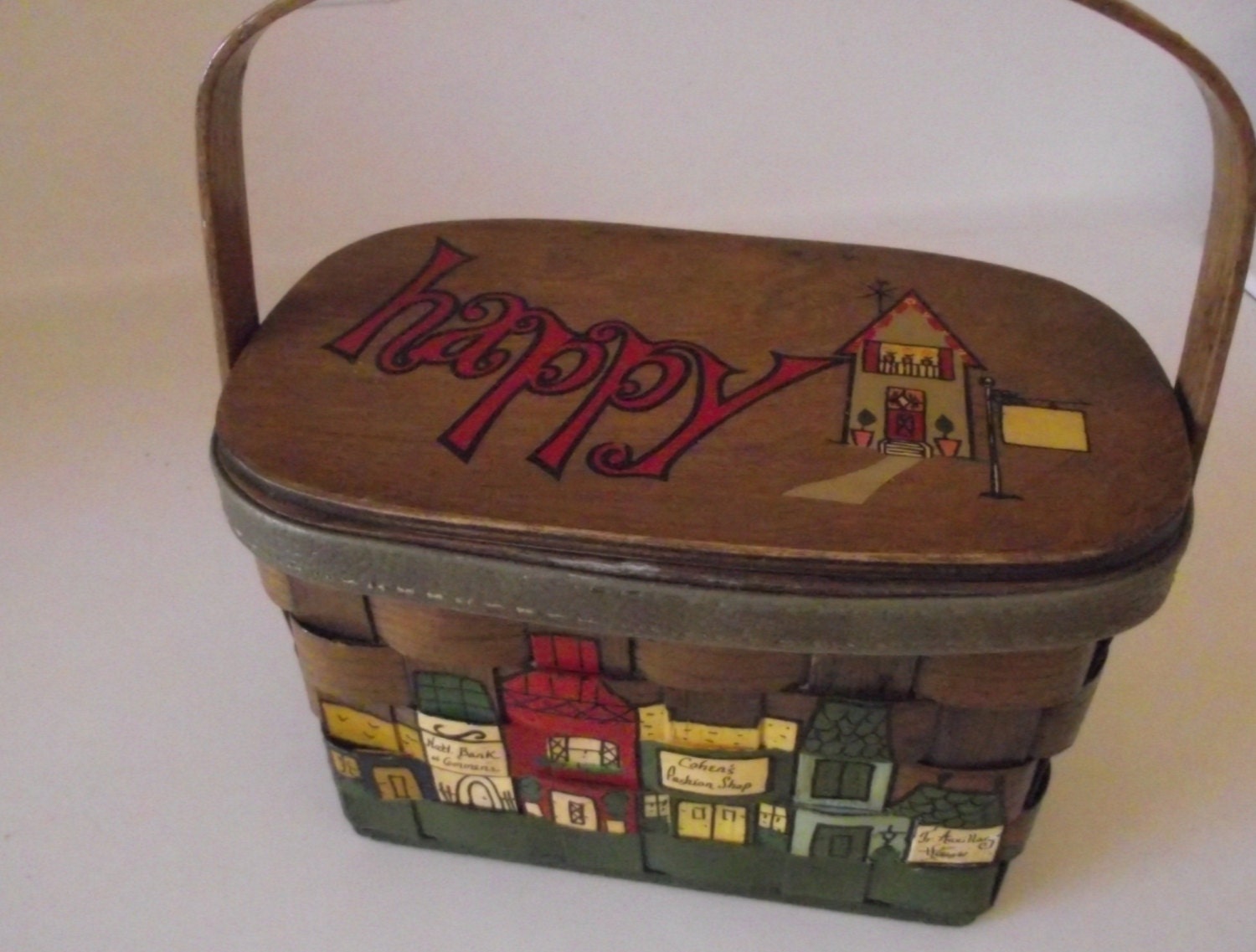 Vintage Wood Box Purse Caro Nan Basket " Happy" signed