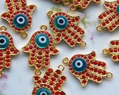 38X27mm Red, Turquoise & Gold Rhinestone Hamsa Hand Pendant- Link with Evil Eye, 1 PC (C33)