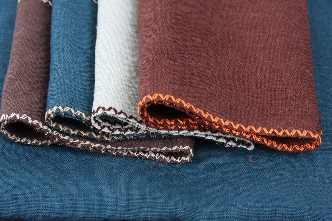 REDUCED: set of 4 linen napkins "tribal" 10 x 12.5" with embrodery (flower or square) and 4 different colors