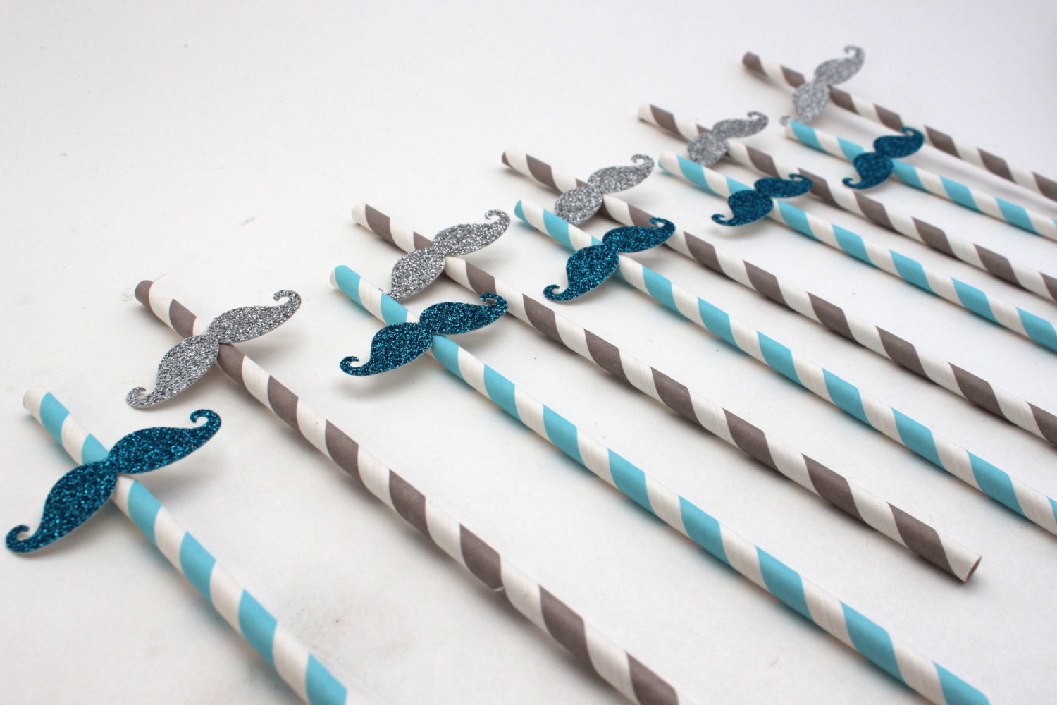 Set of 10 Glitter Mustache Paper Straws in Grey and Light Blue - Perfect for Weddings, Showers, Bachelorette, Birthdays, Parties