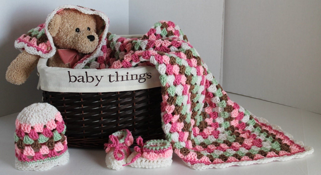 Baby Blanket Set - Granny Square Afghan, Hat, and Booties - English Garden Collection