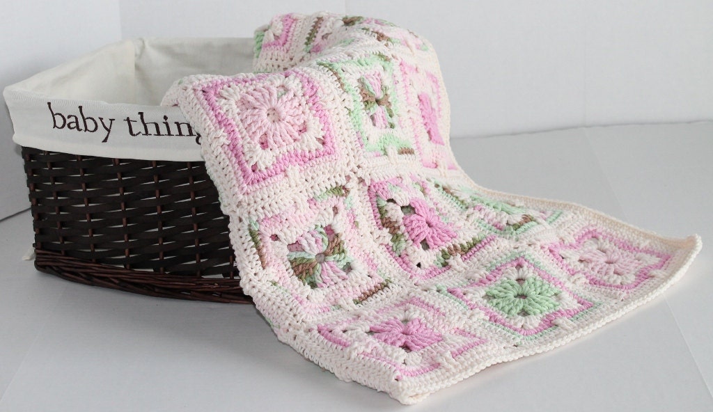Granny Square Afghan - Baby Girl Blanket - Pinks and Green
