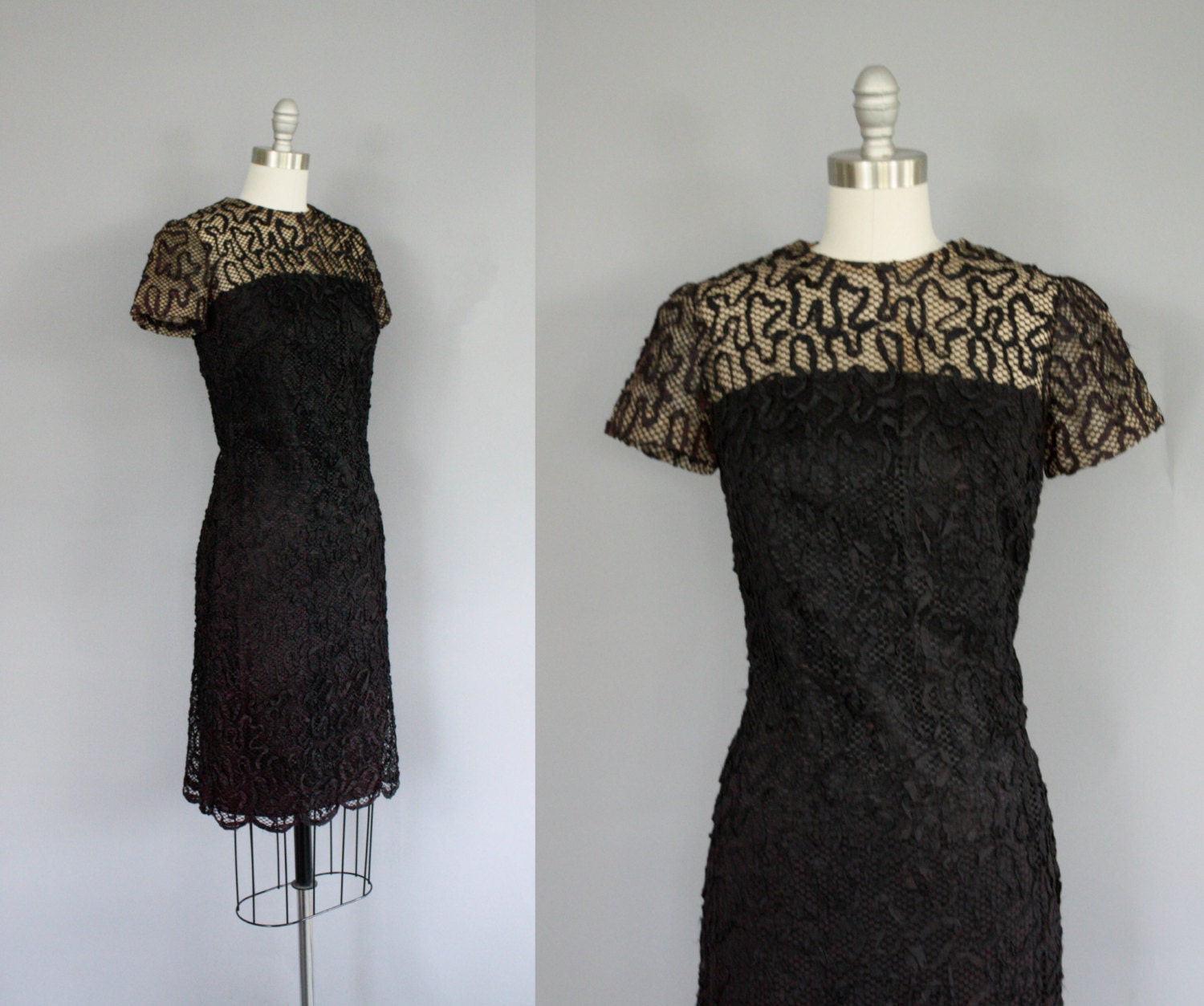 60s black ribbon illusion dress / size extra small - small