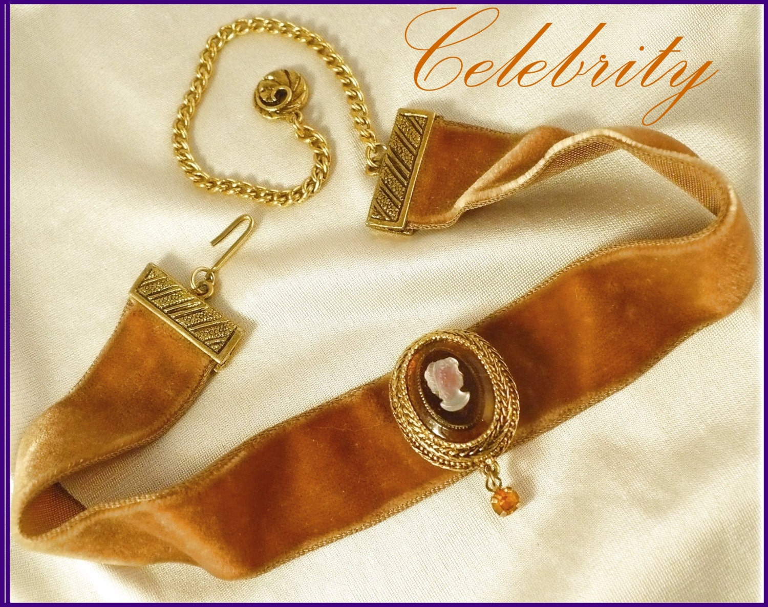 Vintage Designer CELEBRITY Opal & Gold 3-D Cameo, Gold Velvet Choker