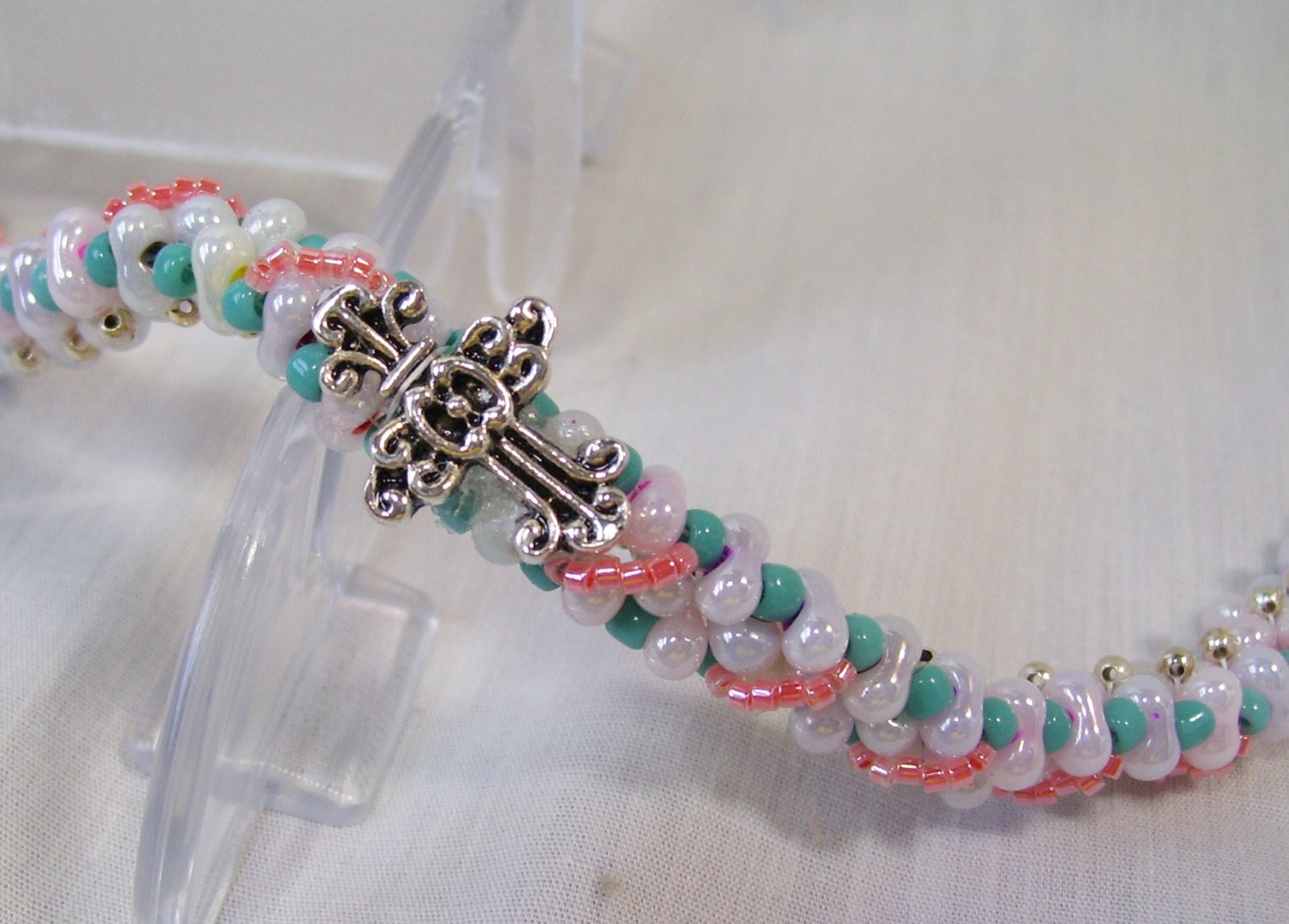 Reverseable Silver Cross Bracelet Seed Bead Bracelet with Angel Charm 7 inch