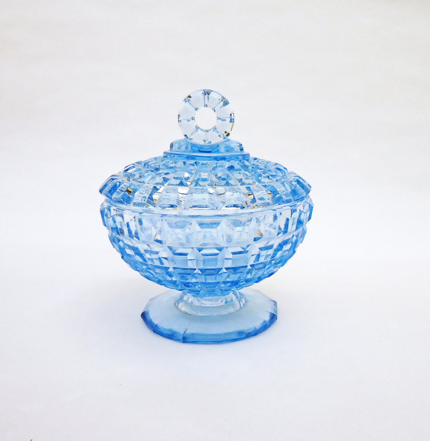 Vintage Art Deco, Depression Blue Glass Large Trinket Box/Powder Jar/Jewelry box , UK Seller