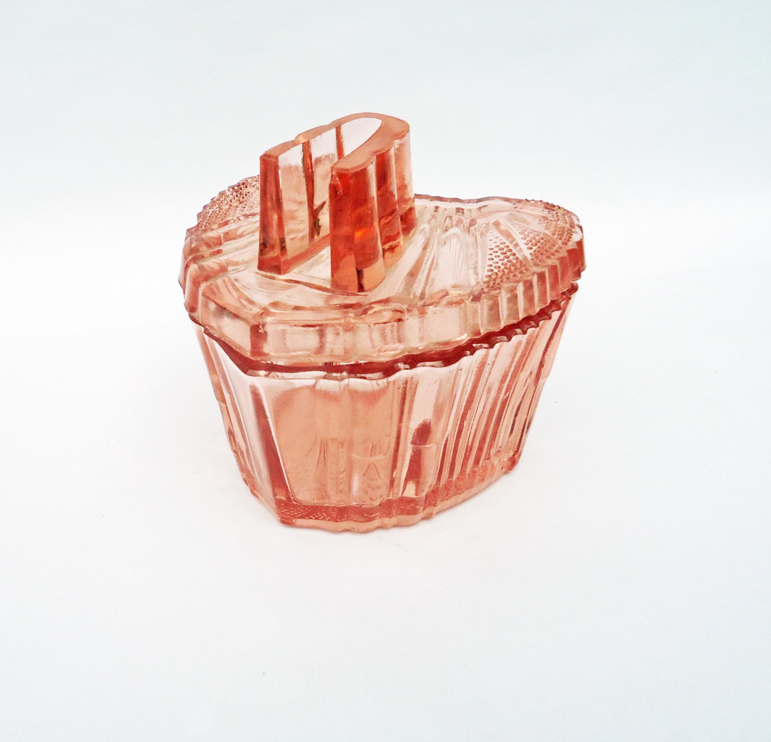 Vintage Pink Depression/Art Deco Trinket Box/Powder Jar, Flower Design Trinket Box, Heart Shapped Box, UK Seller