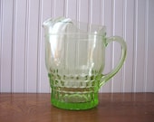 Antique Green Depression Glass 1930's Pitcher with Ice Guard