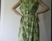 1950's Green Cotton Dress with Pearl Button up Front and Floral Detail