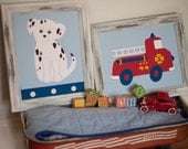 Firetruck Nursery, Dalmatian Dog, Animal Kids Wall Art Print, Children's room decor, Baby art print, blue nursery, "The Little Hero"