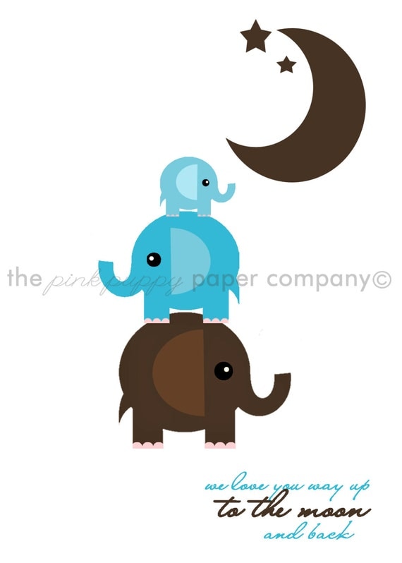 To the Moon and Back Elephants 5x7 Print (you choose your colors)