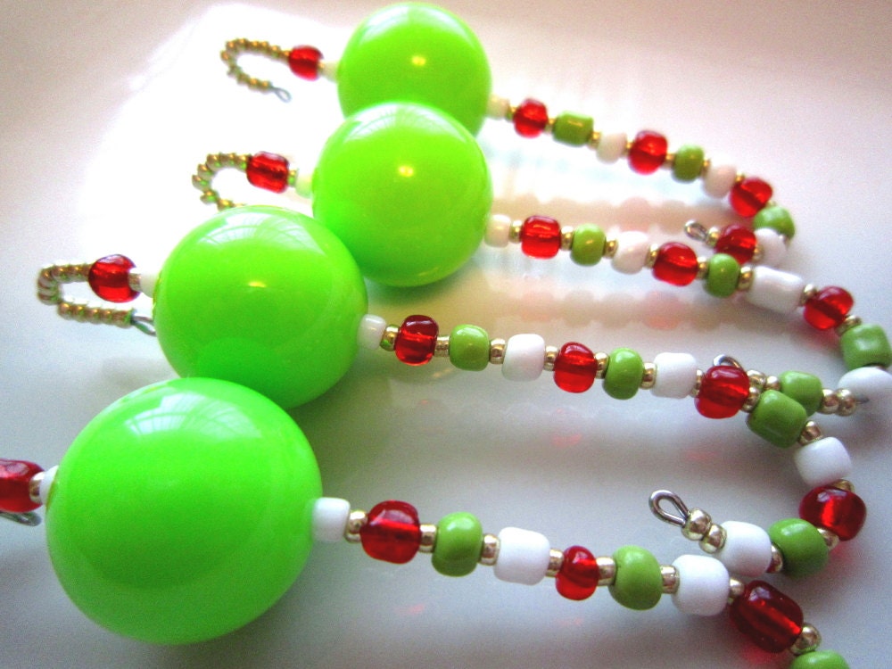 4 Elf Theme Lime Green and Candy Cane Fancy Beaded Ornament Hangers