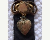 ON SALE Victorian Watch Fob Ornate Gold Heart Locket and Black Mourning Ribbon Steampunk