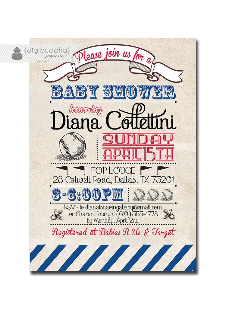 Baseball Baby Shower Invitation Vintage Retro Boy Girl Baby Shower Red Blue Custom Colors Available DIY Printable or Printed - Diana Style