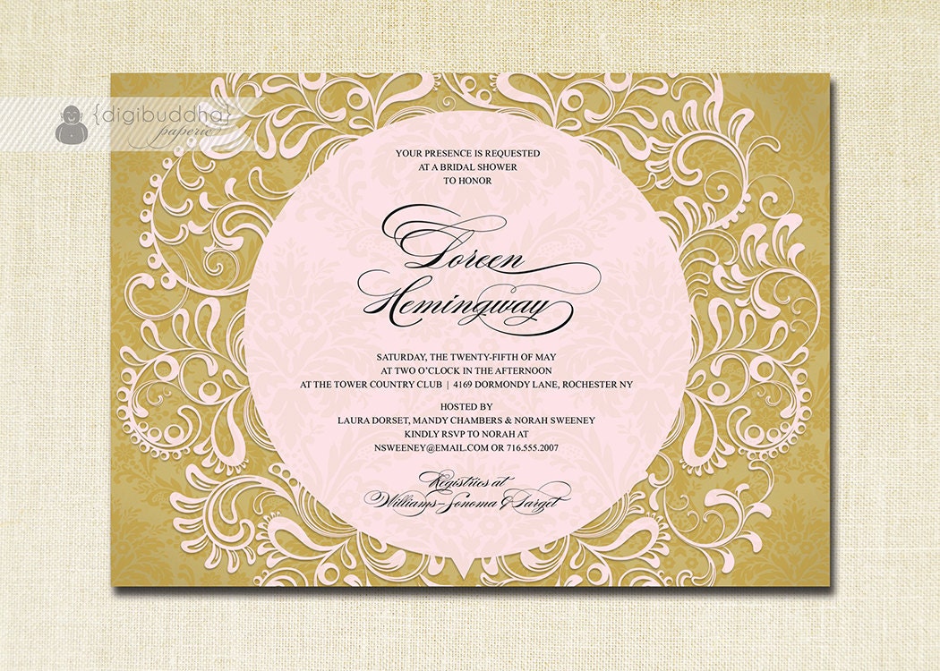 Pink & Gold Bridal Shower Invitation Lace Damask Formal Elegant Script Wedding Typography Printable Digital or Printed - Loreen Style