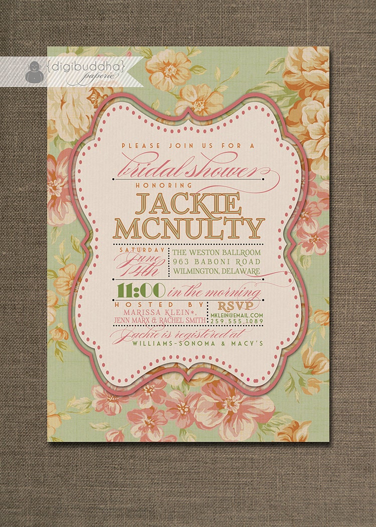 Rose Bridal Shower Invitation Pink Mint Sage Vintage Floral Bridal Wedding Typography Poster Printable Digital or Printed - Jackie Style