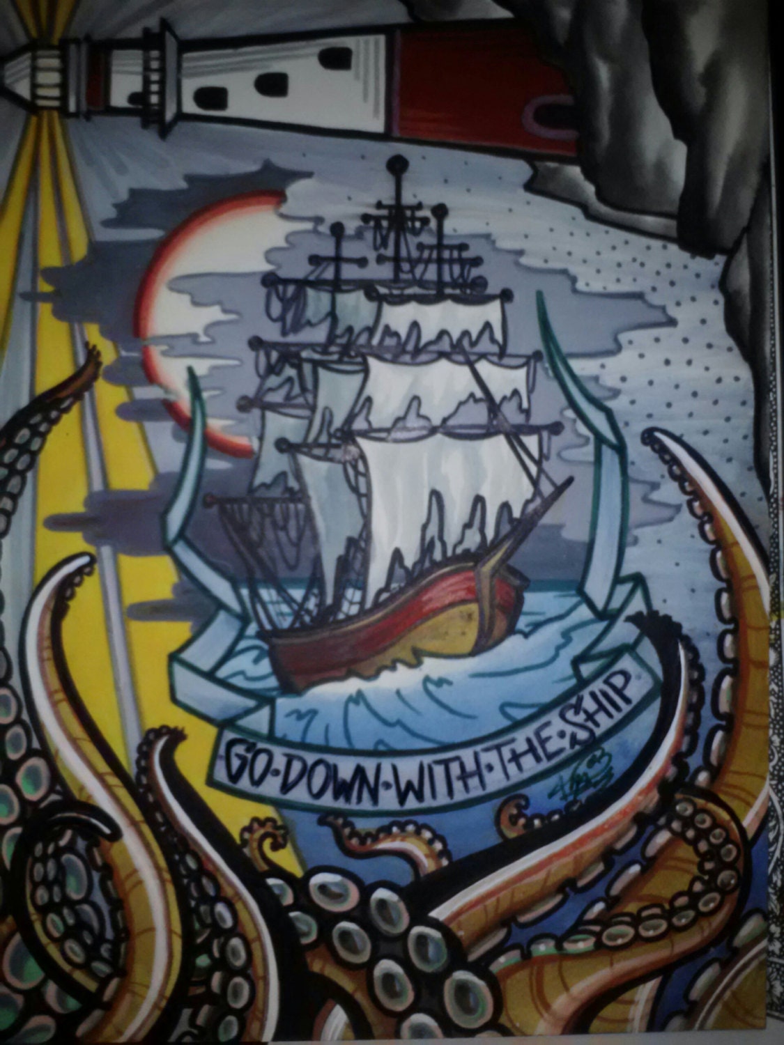 tattoo lighthouse and ship with octopus, print of tattoo flash