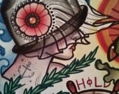 hold fast print, pelican and sailor tattoo flash, ships wheel and widow painting