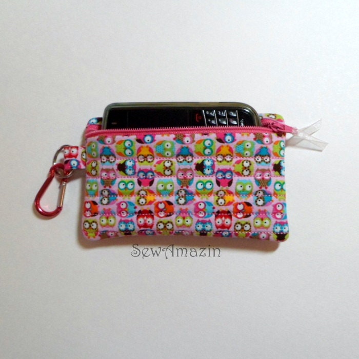 Mini Owls Pink Small Cell Phone or Camera Zipper Case Wristlet