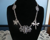 Queen of Bugs Silver Metal Necklace with Bee Dragonfly and Butterfly Charms