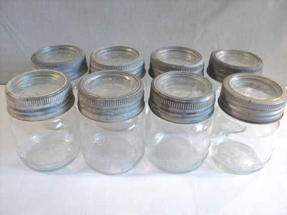RESEVED for oceansurf ....... 8 Pint Mason Jars and 2 Half Gallon Jars with Zinc Lids & Glass tops, Clear Canning Jars, 1960's