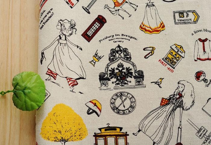 Cotton Linen Fabric, Girl's Journey Bike Suit Case Travel, Curtain Pillow Bag Fabric - Home Decor Fabric 1/2 yard f012