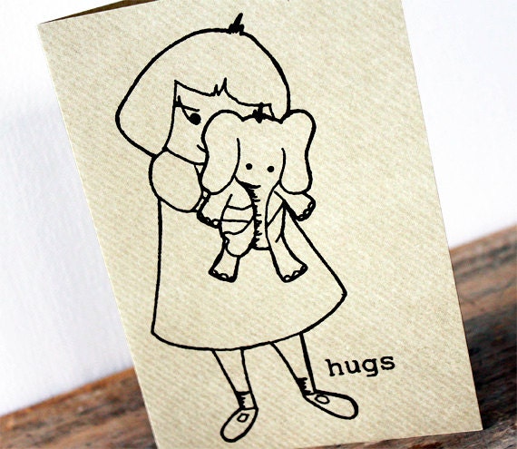 Elephant hugs card - Black gocco screen-printed on brown ribbed kraft card