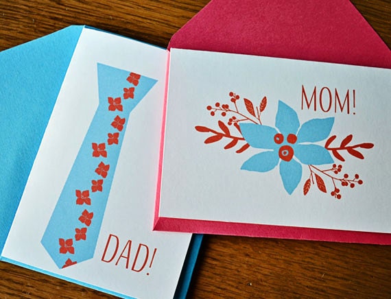 Mom Dad Handmade Stationery Greeting Card Note Card Red Turquoise Blue