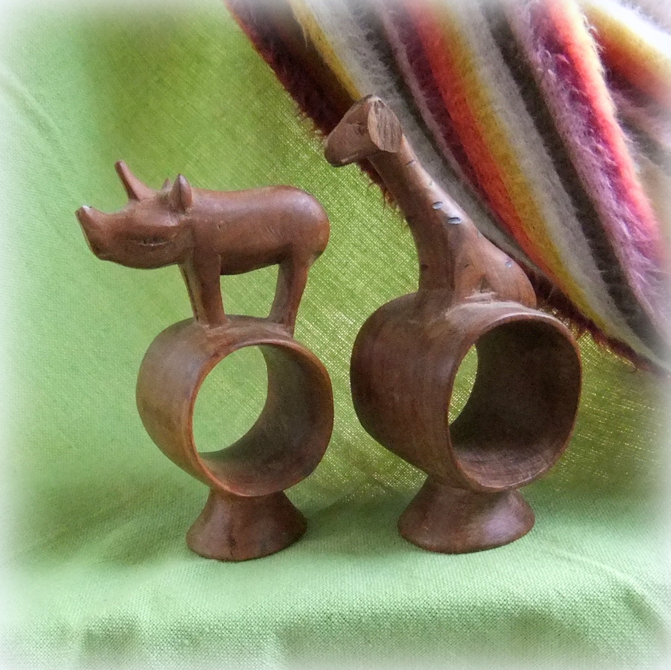 Hand Carved Wood Napkin Rings Giraffe and Rhino from Mexico