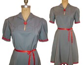1930s Style Gray Gaberdine Dress with Red Hand Stitched Detail and Bakelite Button size Medium Ready to Ship