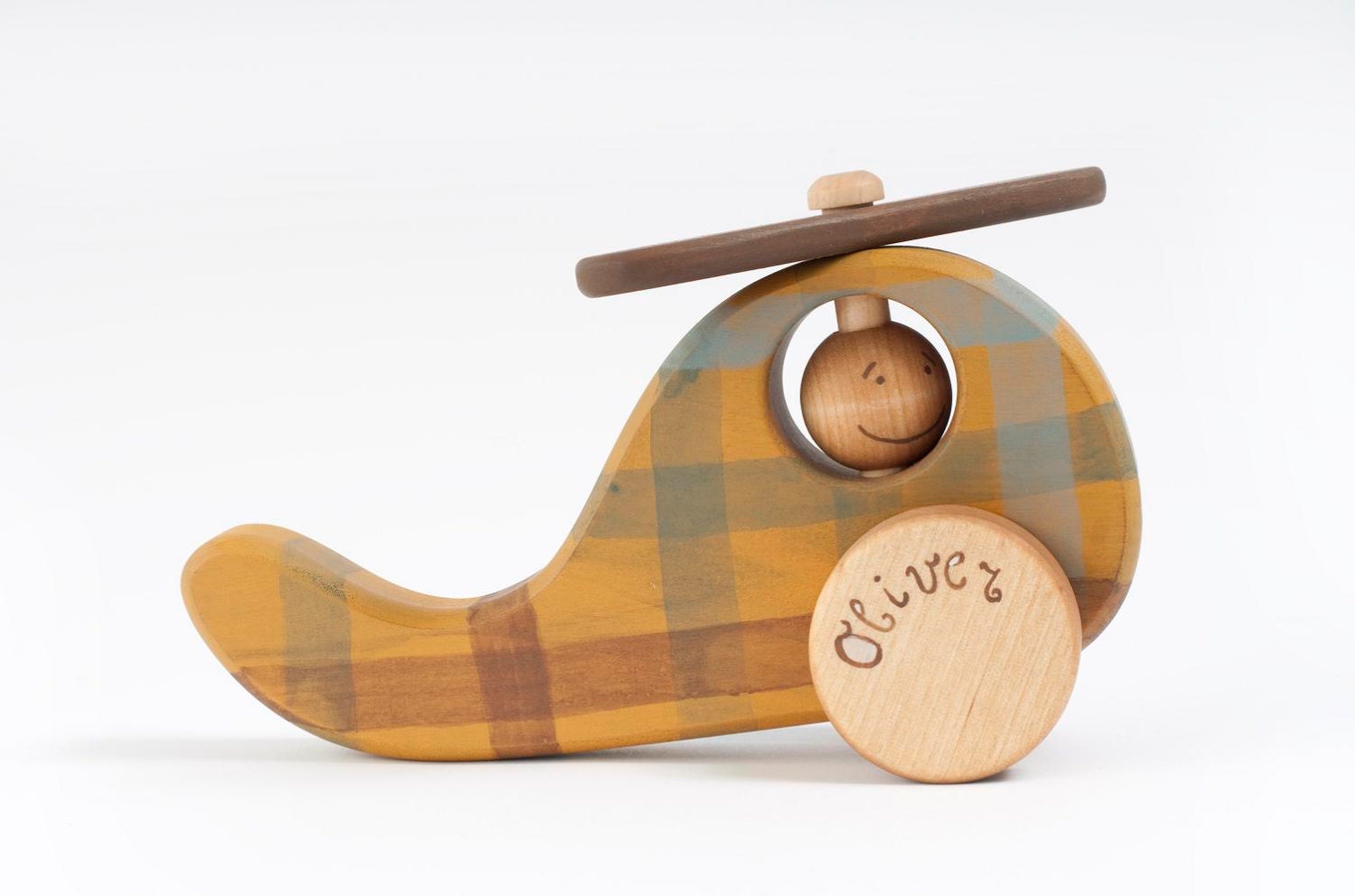 Personalized Wooden Helicopter natural kids toy with checked ornament