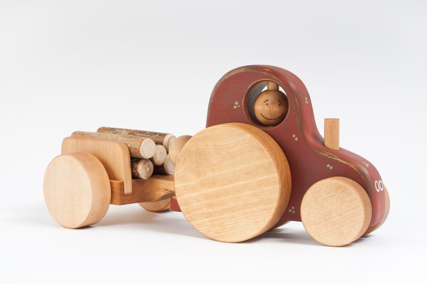 Wooden Tractor natural kids toy with rustic ornament