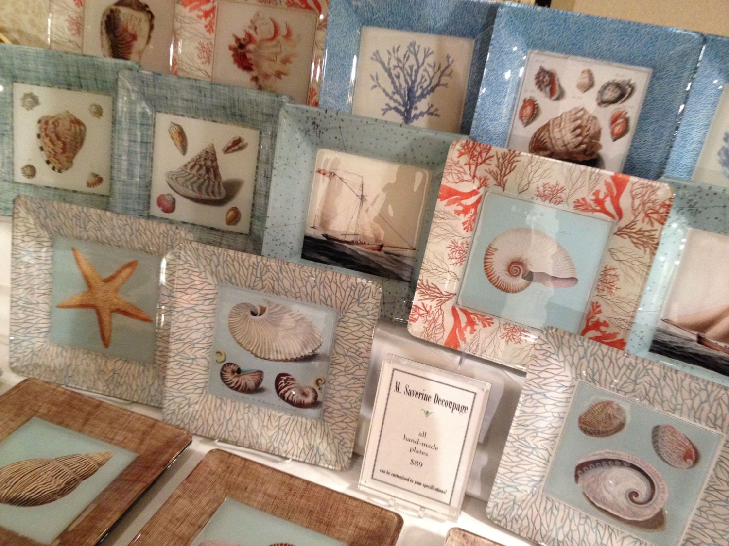 Beach Wedding Home Decor Decoupage Plates / custom coral and sea shell wall hanging / aqua coral seashore