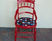 Red vintage wood chair with very rare Warhol faces Pop Art fabric