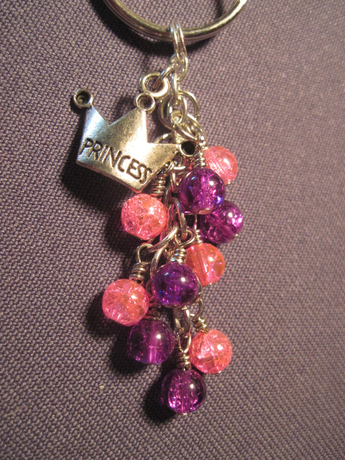 Pink and Purple Crackle Glass Bead Mini Purse Charm / Key Chain with Princess Charm